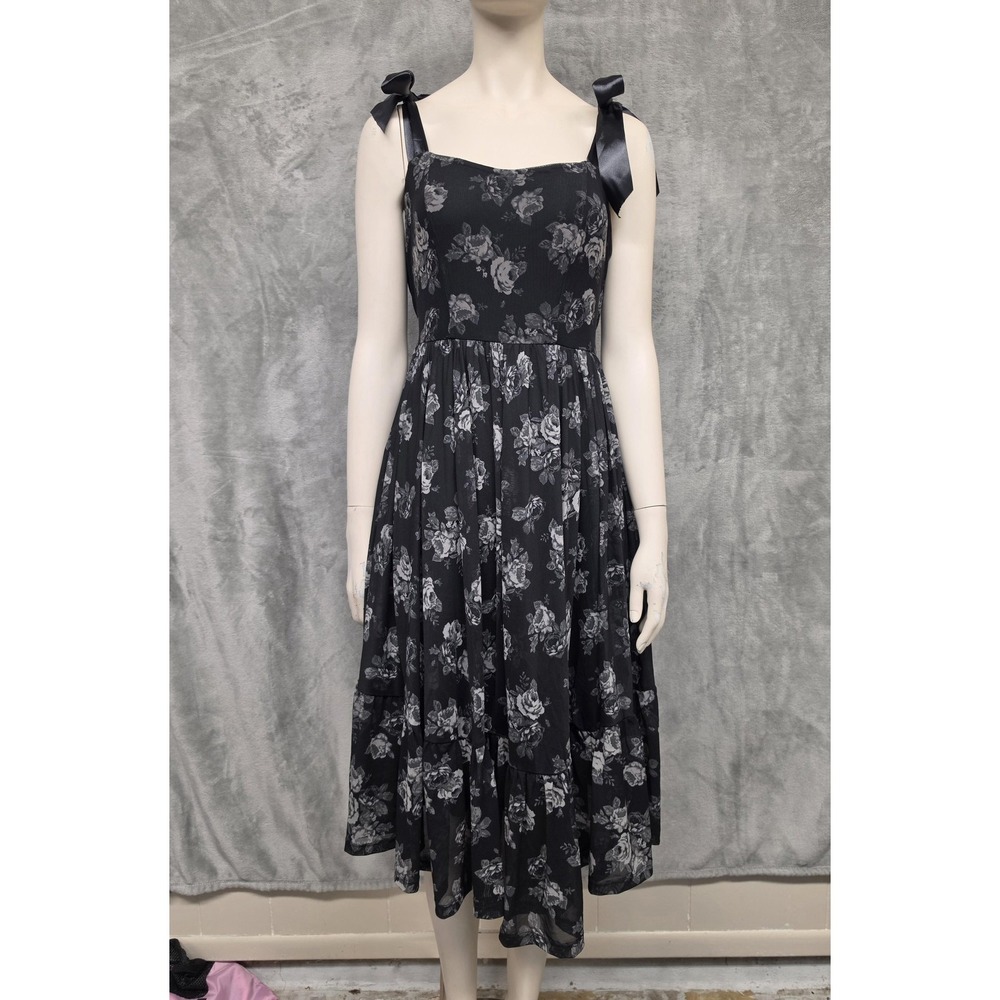 Hot Topic Whimsigoth Black Floral Chiffon Midi Dress Satin Bows Gothic Small